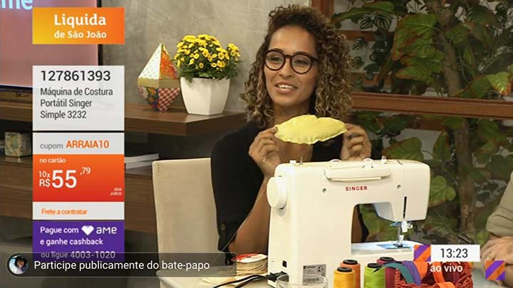 dayse costa na shoptime costurando projeto de gravata de espiga de milho para festa junina.